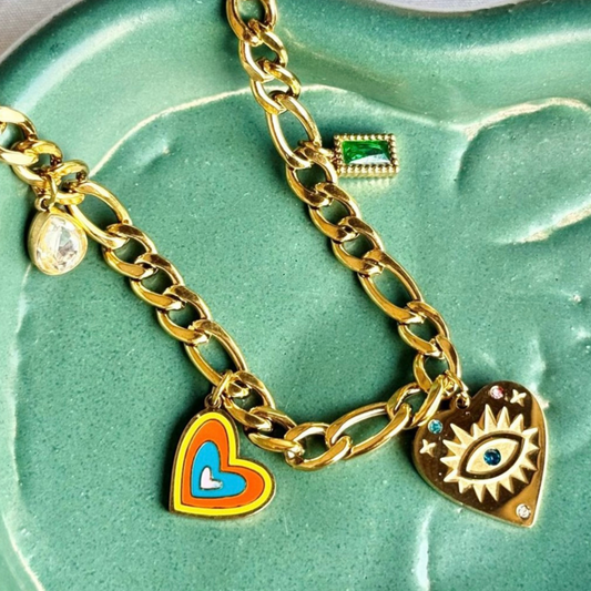 Bold Charm Link Necklace with Heart & Evil Eye Motifs