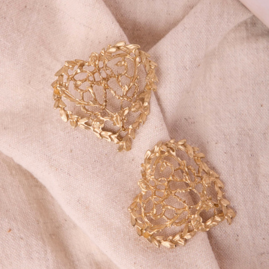 Intricate Filigree Heart Stud Earrings in Matte Gold Finish