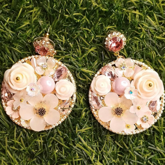 Floral Embellished Earrings, pink Resin and Crystal Stones