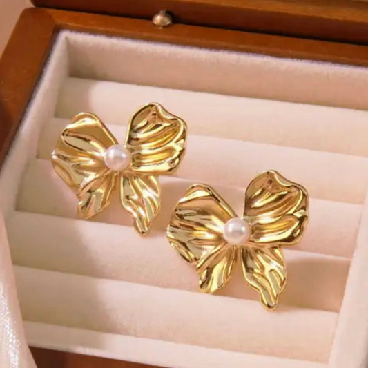 Pearl Wrinkle Bow Stud Earrings Gold Plated, Waterproof