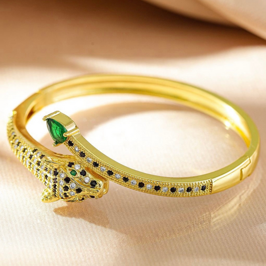 Majestic Panther Bangle with Emerald and CZ Accents in Gold Finish