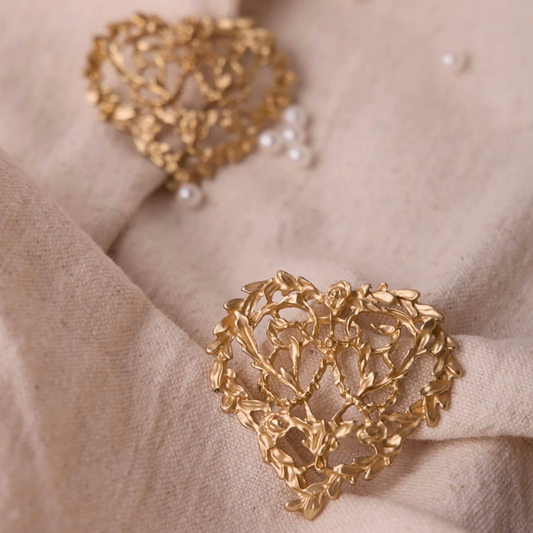 Intricate Filigree Heart Stud Earrings in Matte Gold Finish