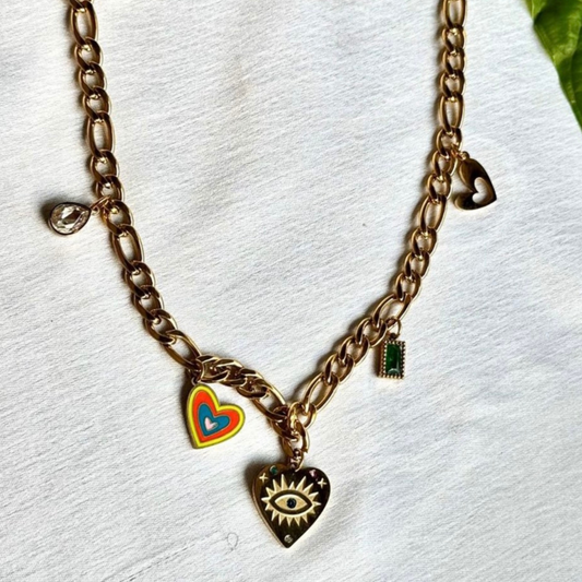 Bold Charm Link Necklace with Heart & Evil Eye Motifs