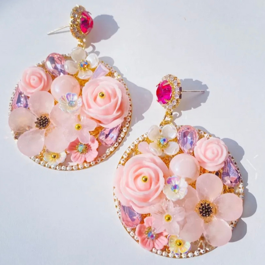 Floral Embellished Earrings, pink Resin and Crystal Stones