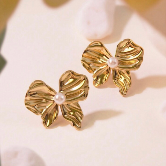 Pearl Wrinkle Bow Stud Earrings Gold Plated, Waterproof