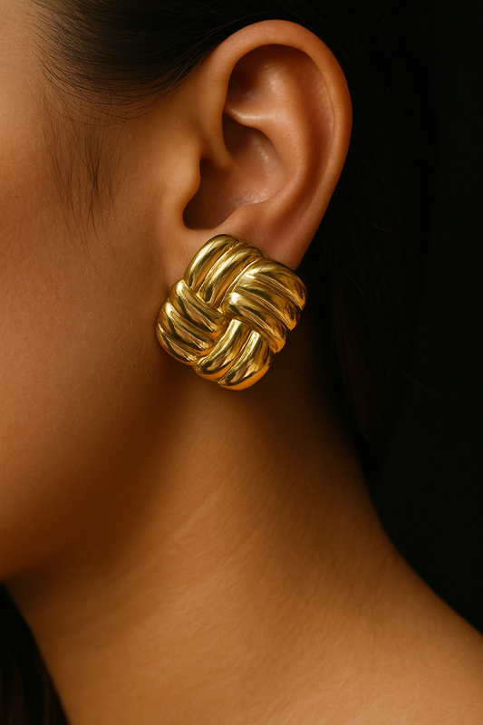 Golden Woven Square Stud Earrings