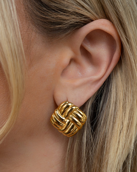 Golden Woven Square Stud Earrings