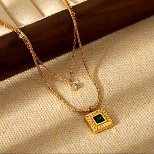 Elegant Dual-Layer Gold Necklace Set with Emerald and CZ Charms