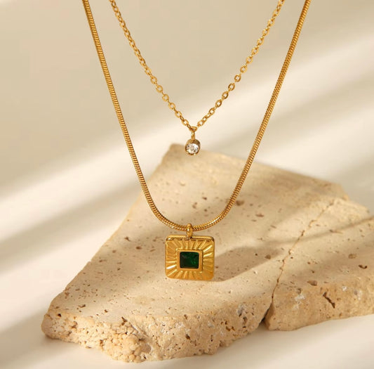Elegant Dual-Layer Gold Necklace Set with Emerald and CZ Charms