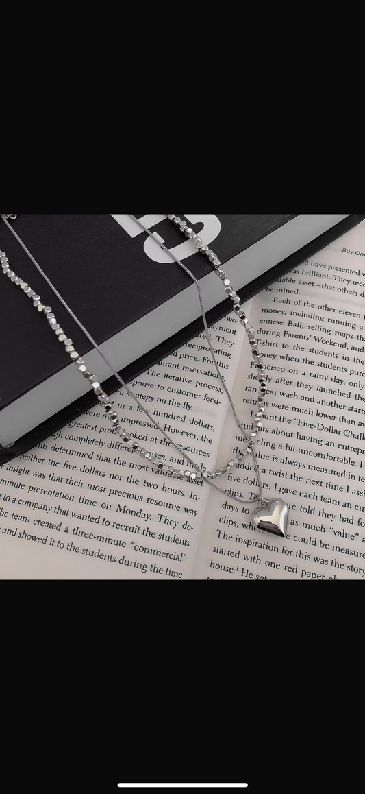 Double layer silver beads heart necklace