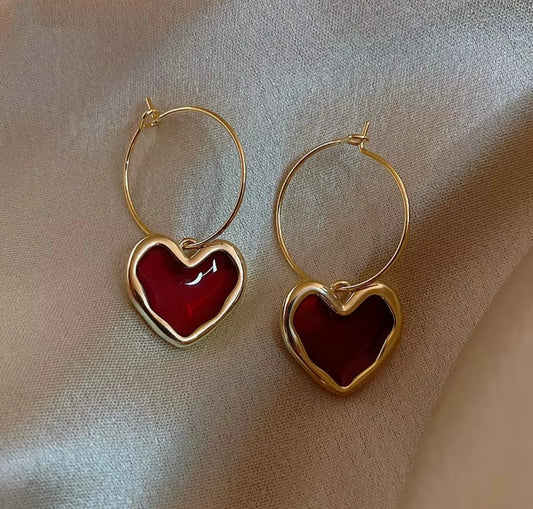 Red Enamel Heart Hoop Earrings