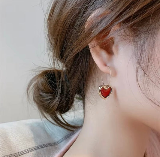 Red Enamel Heart Hoop Earrings