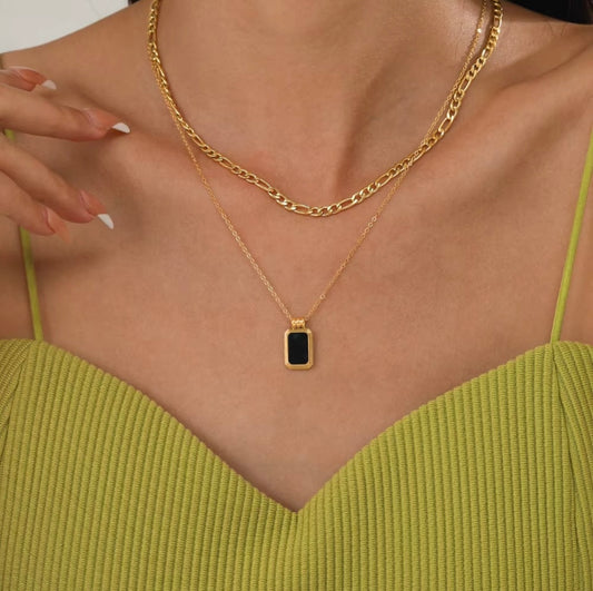Elegant Gold Layered Necklace with Black Stone Pendant
