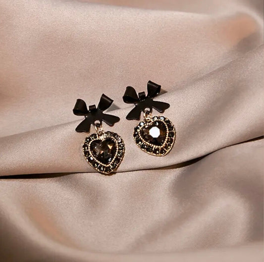 Black Stones BowKnot Heart Drop Earrings