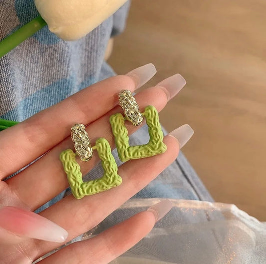 Green Geometric Square Stud Earrings