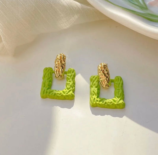 Green Geometric Square Stud Earrings