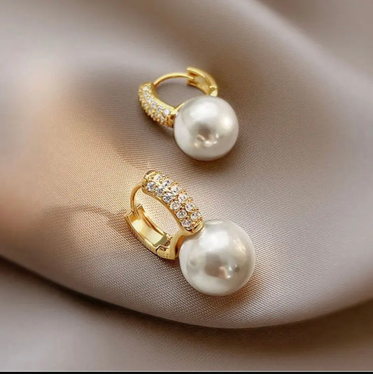 Elegant Gold-Plated Hoop Earrings with Pave Stones and Pearl Drop