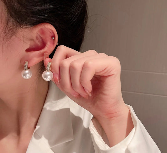 Elegant Gold-Plated Hoop Earrings with Pave Stones and Pearl Drop