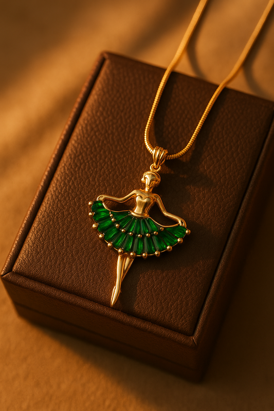 Golden Ballerina Necklace With Emerald Accents