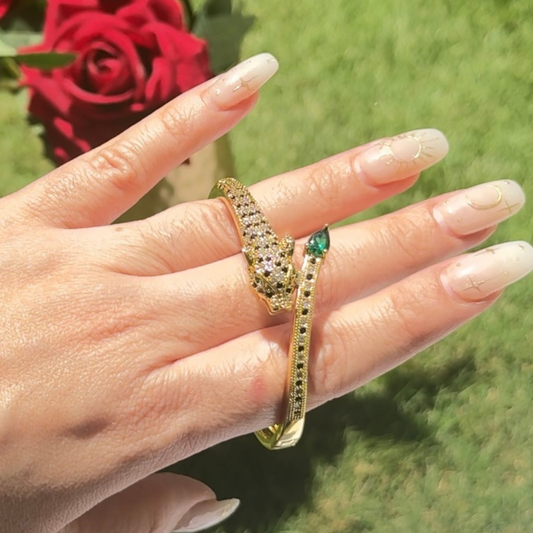 Majestic Panther Bangle with Emerald and CZ Accents in Gold Finish