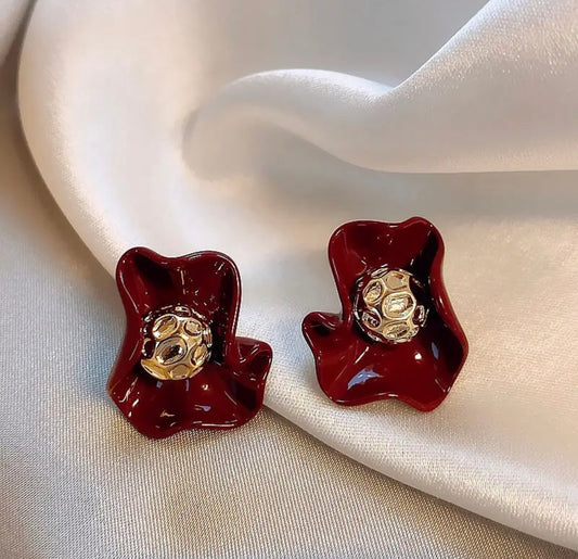 Sculptural Maroon and Gold Stud Earrings