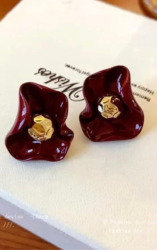 Sculptural Maroon and Gold Stud Earrings