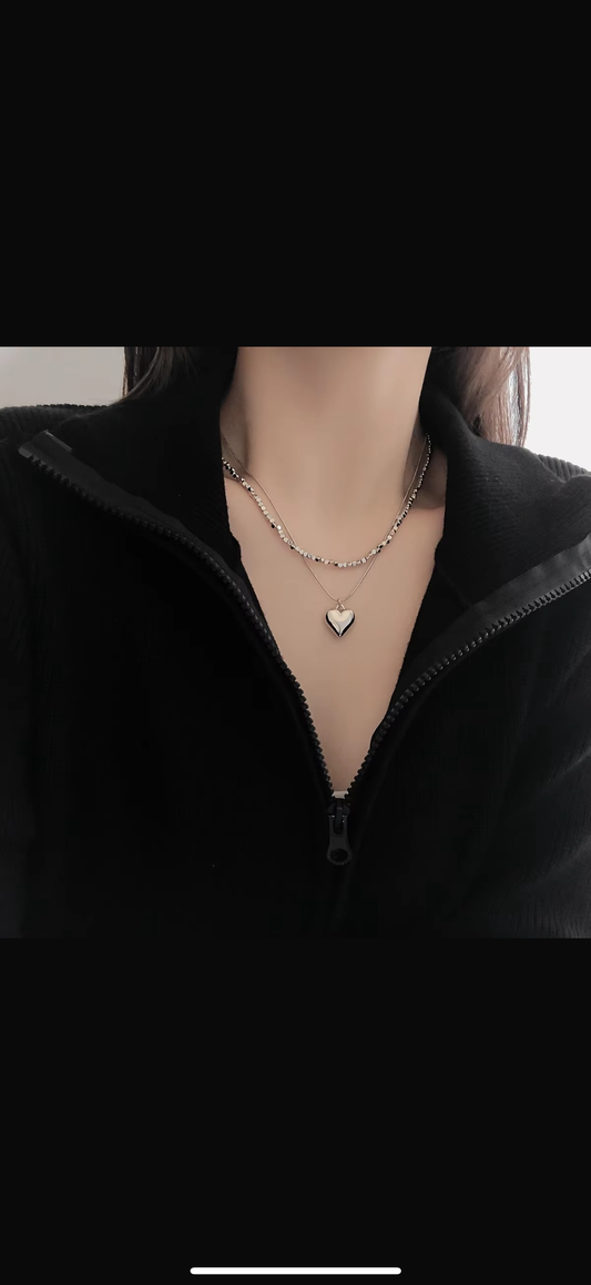 Double layer silver beads heart necklace